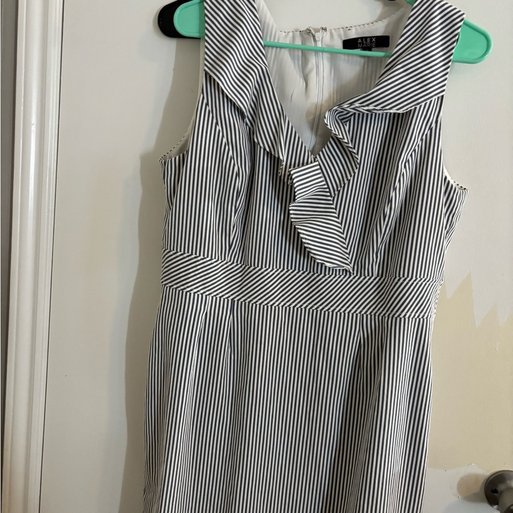 Alex Marie Black and White Striped Ruffle V-Neck Sleeveless Midi Dress